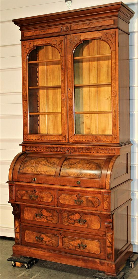 Victorian cylinder roll secretary desk burled top to bottom in walnut (1 of 5)