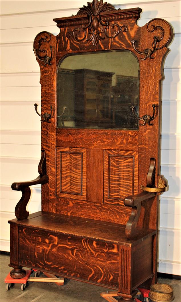 Exceptional quarter sawn oak double wide lift seat hall tree with carved top (1 of 5)