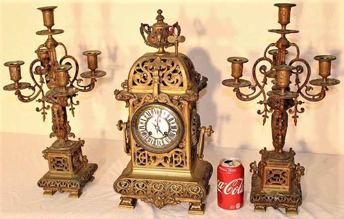 Large antique solid bronze 3 piece French clock set signed Jappy Freres (1 of 9)