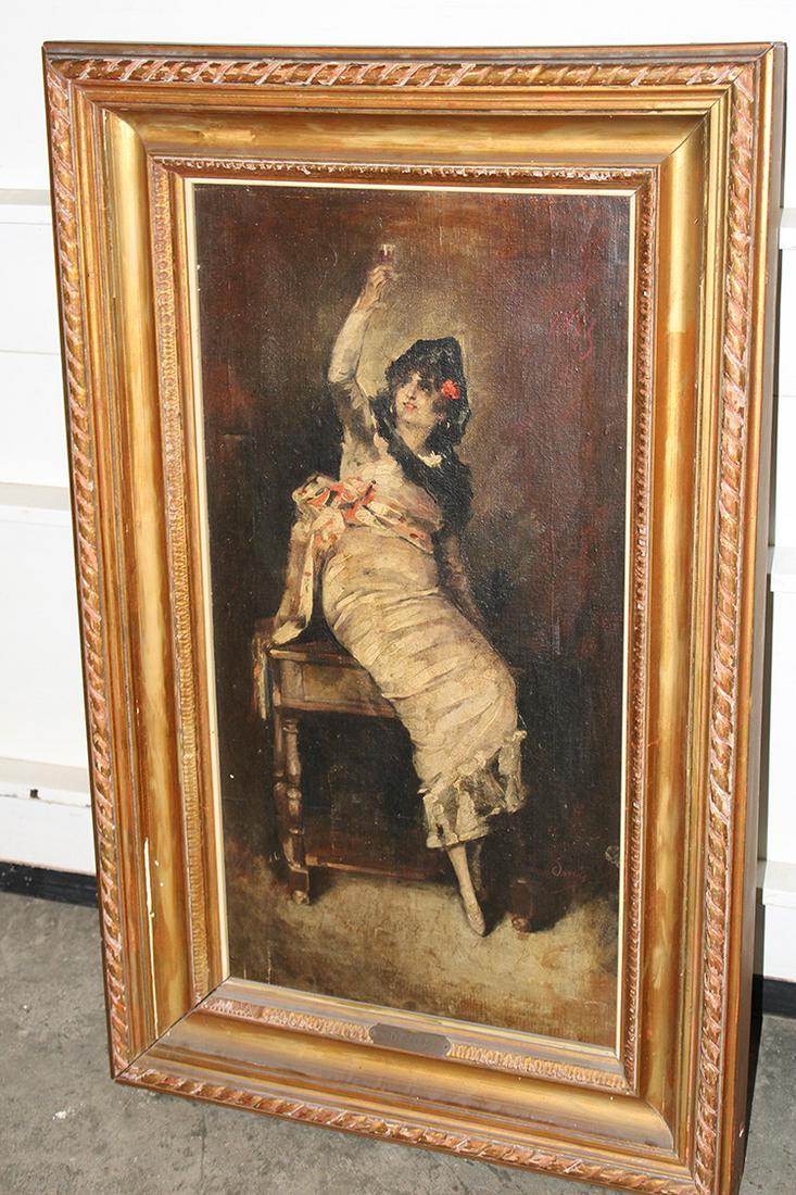Early oil on canvas dated 1883 titled Women with Glass: Early oil on canvas dated 1883 titled Women with Glass, label on back Jose Denis. Couple of small repairs. Painting without frame is 14" wide, 26" tall.