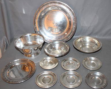 11 Pieces Of Sterling Silver: 11 pieces of sterling silver, 28 troy oz. Various markers including large 9" Gorham plate (looks to be hand hammered).