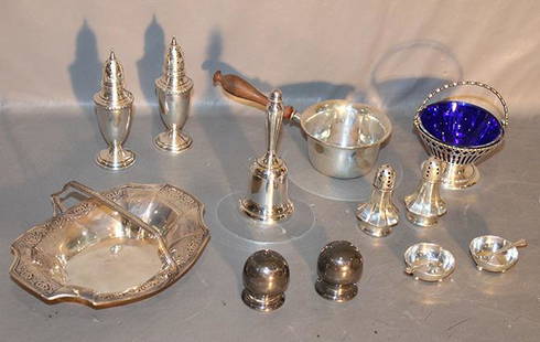 Several Pieces Of Sterling Silver Including Handle Basket: Several pieces of sterling silver including handle basket with cobalt liner, etc. 13 1/2" troy oz, pure silver not including handle or liner.