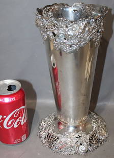 Large Sterling Silver Vase With Floral Motif, No Monogram. 20 Troy Ozt.: Large sterling silver vase with floral motif, no monogram. 20 troy ozt.