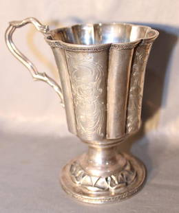 Nice Fancy Handled Mug, Many Hall Marks Marked (Coin): Nice fancy handled mug, many hall marks marked (coin). 5" wide, 5" tall.