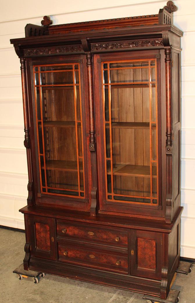 Fancy Walnut Victorian 2 Door Stepback Bookcase With Burled Columns (1 of 6)