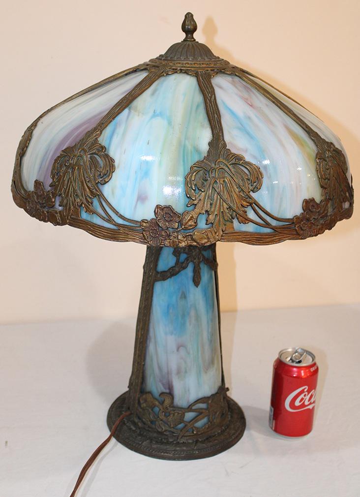 Great Noveau Slag Glass Lamp With Light Up Base In Blue: Great Noveau slag glass lamp with light up base in blue