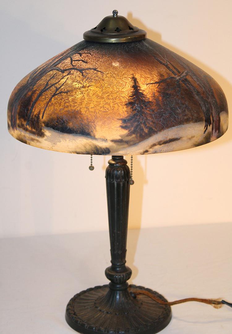 Nice 14" Pittsburg Reversed Painted Lamp With A Nice Winter Scene (1 of 5)