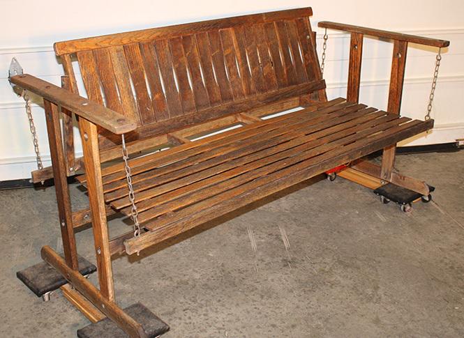 5' Mission Oak Style Swing: 5' mission oak style swing. All wood is in good condition. Has a worn original finish, swings nicely. 61" wide, 43" tall, 26" deep.
