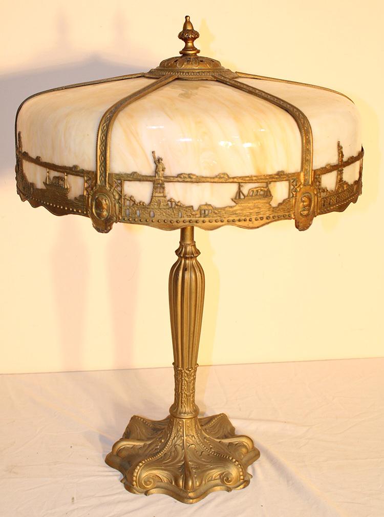 Fabulous Signed "Royal Art" Panel Lamp Oversized With Statue Of Liberty And Steam Ship Design (1 of 4)