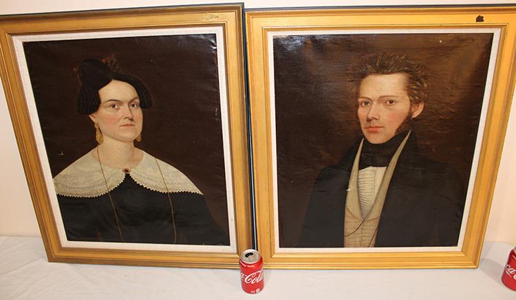 Pair Of Period Portraits Attr. To Joseph Whiting Stock 1815-1855 Springfield Ma: Pair of period portraits attr. To Joseph Whiting stock 1815-1855 Springfield Ma. Frames are newer and have a couple of small rubs. Male has a small repair by his arm (see photo). Estate fresh. Portrai