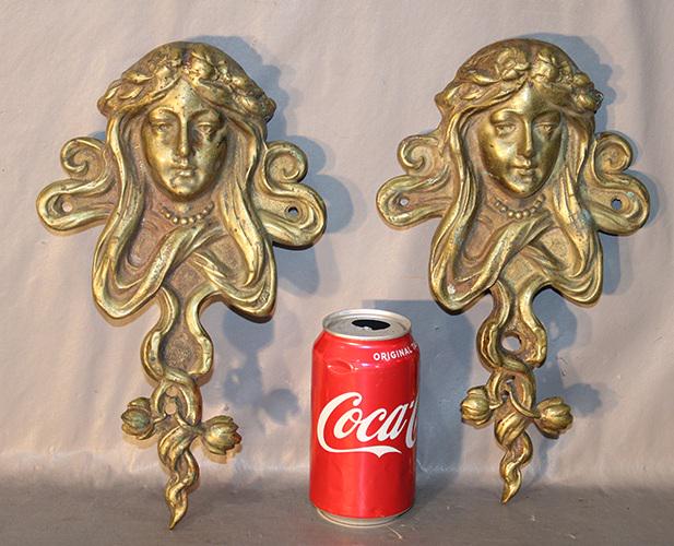 Pair Of Antique Solid Brass Hanging Nouveau Maidens (1 of 4)