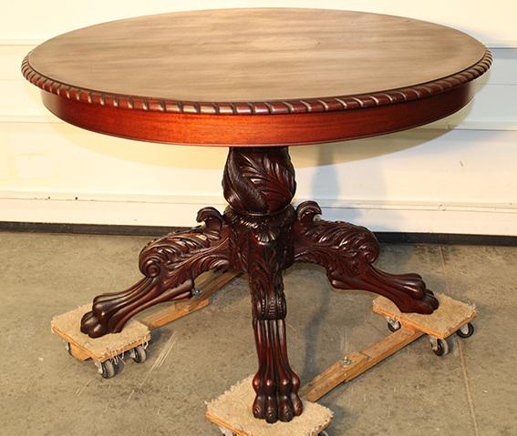 Fancy Mahogany Acanthus Carved 42" Center Table: Fancy mahogany acanthus carved 42" center table with fancy claw feet in very nice condition. 42" wide, 29" tall.