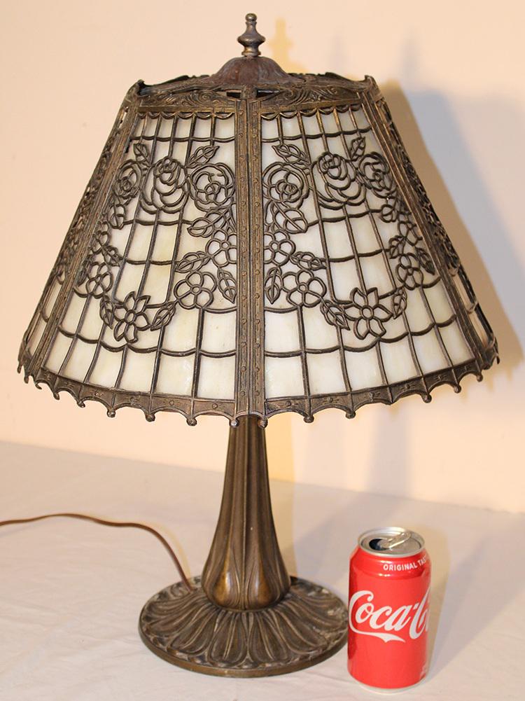 Unsigned Miller 16" Panel Lamp With Rose Design: Unsigned Miller 16" panel lamp with rose design. All glass is good. 16" wide, 21" tall.