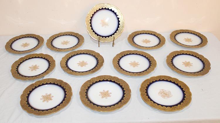 Set Of 12 Signed Limoges (M. Redon) 9 1/2" Plates With Gold And Cobalt Blue (1 of 5)