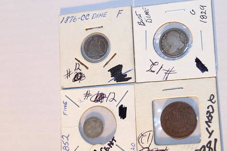 1829 Dime, 1852 3-Cent, 1865 2-Cent (Curved Top Over The 5), 1876 CC Dime: 1829 dime, 1852 3-cent, 1865 2-cent (curved top over the 5), 1876 CC dime. Estate coins.