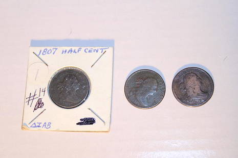 1805 Half Cent, 1806 Half Cent Stemless, 1807 Half Cent: 1805 half cent, 1806 half cent stemless, 1807 half cent. Estate coins.