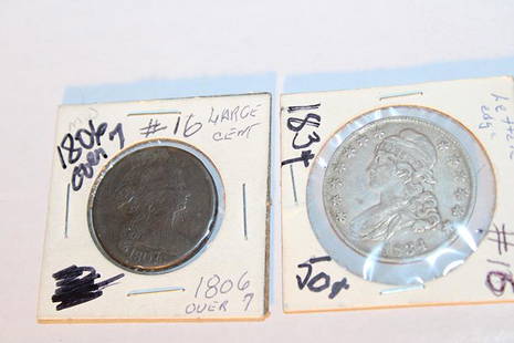 1807 Large Cent 7 Over 6, 1834 Half Dollar (Lettered Edge): 1807 large cent 7 over 6, 1834 half dollar (lettered edge). Estate coins.