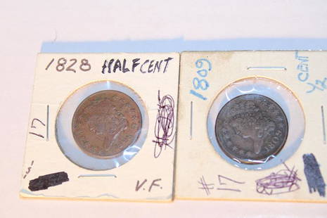 1809 And 1828 Half Cent: 1809 and 1828 half cent. Estate coins.