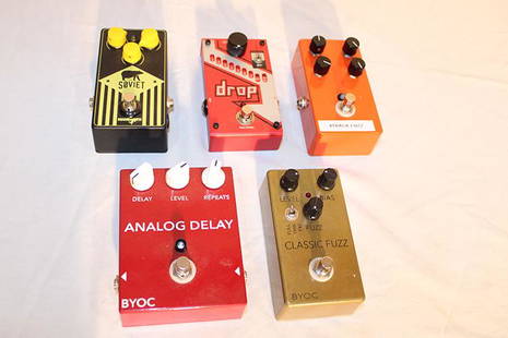 Nice Assortment Of Guitar Pedals: Nice assortment of guitar pedals including the Soviet, Drop, 4track, Fuzz, Byoc, Classic Fuzz. All in nice condition, looks to be unused.