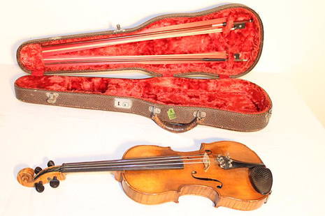 Nice Antique Violin 4/4 With Tiger Maple Case And 2 Bows: Nice antique violin 4/4 with tiger maple case and 2 bows. Has a repair label from the 1950's inside. Has a couple of rubs, looks to be in good condition.
