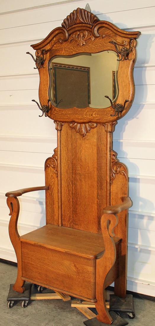 Fancy Oak Lift Seat Hall Tree With Shaped Beveled Mirror (1 of 4)