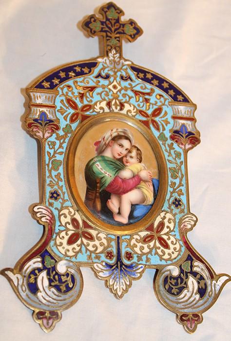 Great Miniature Marked 1876 Porcelain: Great miniature marked 1876 porcelain with a cloisonne frame. All in nice condition, papers in the backing from Paris. 5" wide, 7" tall.