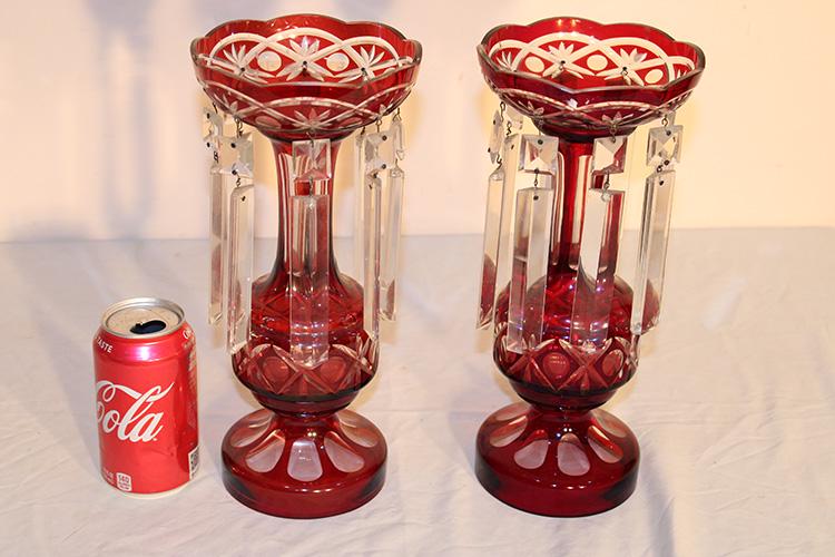 Pair Of Cut Red To Clear Lusters With Cut Crystal Prisms (1 of 3)