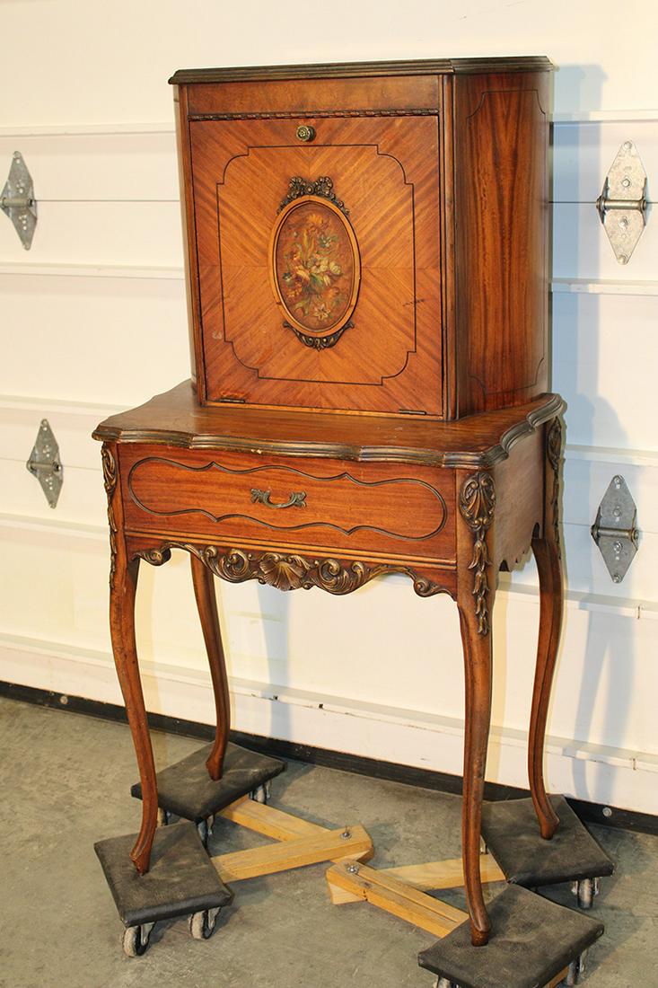 Sweet Drop Front Telephone Desk Marked Dauler-Close Furniture: Sweet drop front telephone desk marked Dauler-Close Furniture, Pittsburg PA. Nice floral painted lid with nice interior original finish. Normal wear. 25" wide, 48" tall, 15" deep.