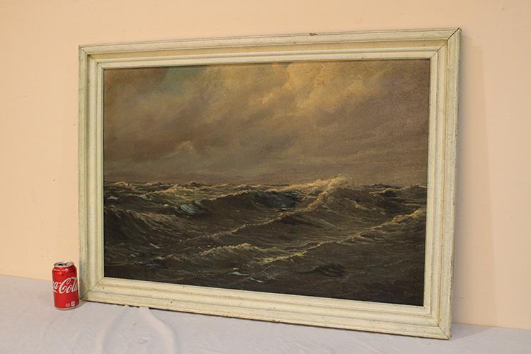 Large Oil On Canvas Painting Of Rough Ocean: Large oil on canvas painting of rough ocean, artist signed Otto Schwarz (attic find). Needs a good cleaning, never taken out of the frame. 39" wide, 28" tall.