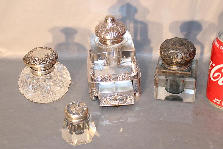 4 Wonderful Inkwells. (1) Large Simpson Hall Miller With Drawer: 4 wonderful inkwells. (1) large Simpson Hall Miller with drawer. 2 marked sterling, 1 with romantic scene on top. All in nice condition, 1 needs polishing.