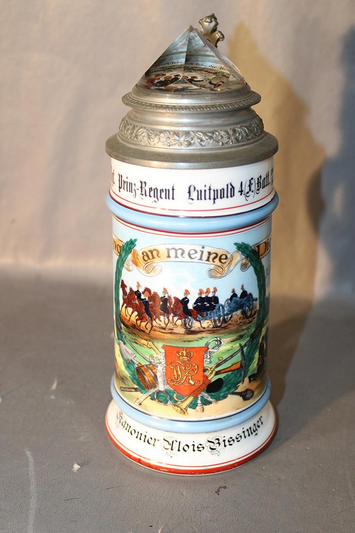 Nice Regimental Stein With Lithophane And Crystal Top: Nice regimental stein with lithophane and crystal top in excellent condition. 4" wide, 9" tall.