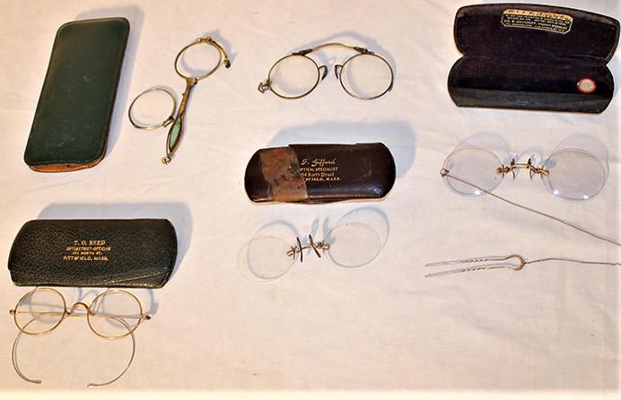 Group Of Early Estate Fresh Glasses: Group of early estate fresh glasses including (1) 14k gold, (1) magnifying. Needs a screw and a lens.