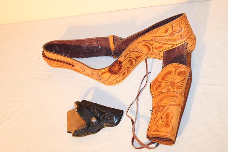 2 Fancy Leather Tool Holsters (1) 38 Cal. With Belt, (1) 32 Reyes (1 of 6)