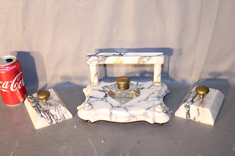 Antique Marble And Cut Inkwell Set With 2 Marble Paperweights (1 of 4)