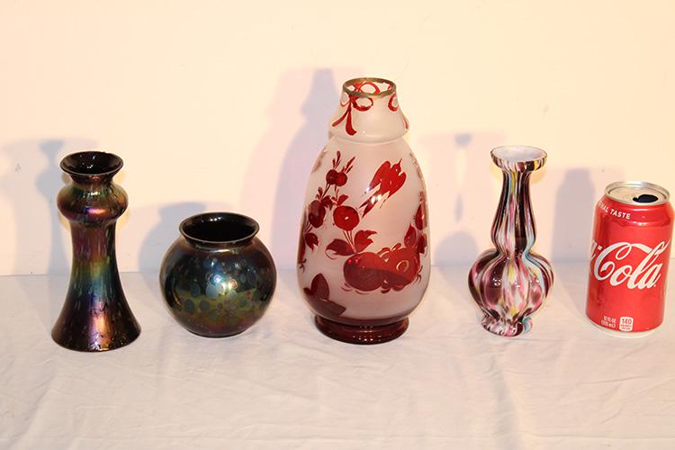 4 Pieces Of Antique Art Glass: 4 pieces of antique art glass including Loetz, etc. All have small flea bites on the edge, no cracks.