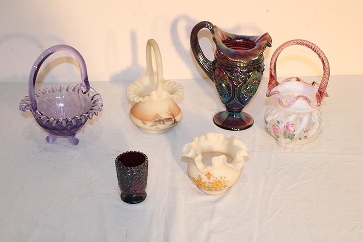 Group Of Early Fenton Glass: Group of early Fenton glass. 3 signed by the painter including Adkin, Farley?, Betsy W. All in nice condition. Tallest is 9".