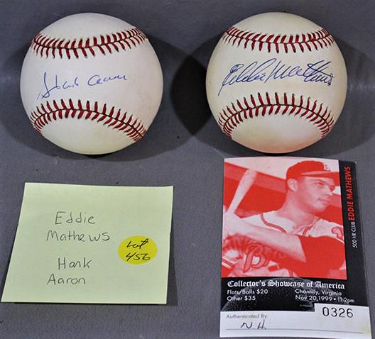 2 Signed Baseballs. 1 Hank Aaron, 1 Eddie Mathews (With C.O.A.) (1 of 4)