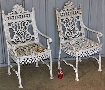 Pair Of Classical Zinc Arm Chairs Style: Pair of classical zinc arm chairs style of John McLean NY in nice condition. 20" wide, 35" tall, 19" deep.