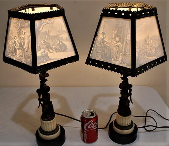 Pair Of Antique 5 Paine Lithophane Lamps With Bronze Cupid Bases (1 of 6)