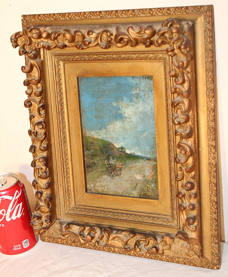 Painting Oil On Board Of A Buggy And Horse: Painting oil on board of a buggy and horse down a path signed Mangini. Needs a good cleaning, some small chipping. In a gold frame 12" wide, 14" tall.