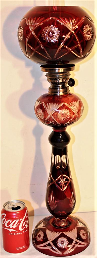 Fine 27" Cut Glass Lamp Red To Clear Polished Top: Fine 27" cut glass lamp red to clear polished top in nice condition. Still in oil, no damage.