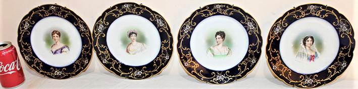 4 Artist Signed (E.T. Reeves) 8 1/2" Limoge Portrait Plates With Cobalt Border: 4 artist signed (E.T. Reeves) 8 1/2" limoge portrait plates with cobalt border in nice condition.