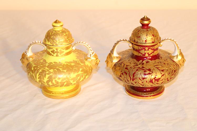 2 Sweet Royal Crown Derby Covered Urns With Heavy Gold And Faces (1 of 6)