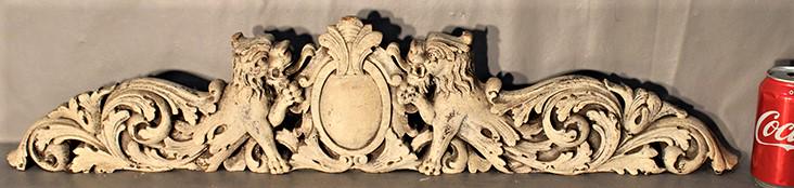 34" Victorian Mahogany Architectural Caring With Standing Lions: 34" Victorian mahogany architectural caring with standing lions. A very light coat on white paint. 34" wide, 7" tall.