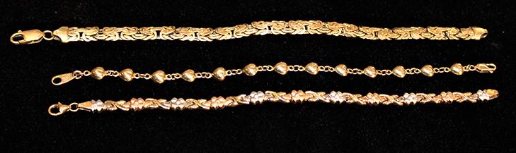 3 Fancy 14k Gold Bracelets, (1) With Heart Decoration (1 of 2)