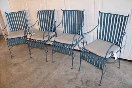 4 Heavy Iron Garden Chairs With Scrolled Arms: 4 heavy iron garden chairs with scrolled arms in nice condition with removable cushions. 20" wide, 36" tall, 21" deep.