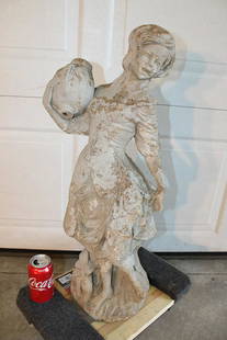 29" Poured Concrete Girl Holding Urn: 29" poured concrete girl holding urn in nice condition, chipping paint. 12" wide, 29" tall, 11" deep.