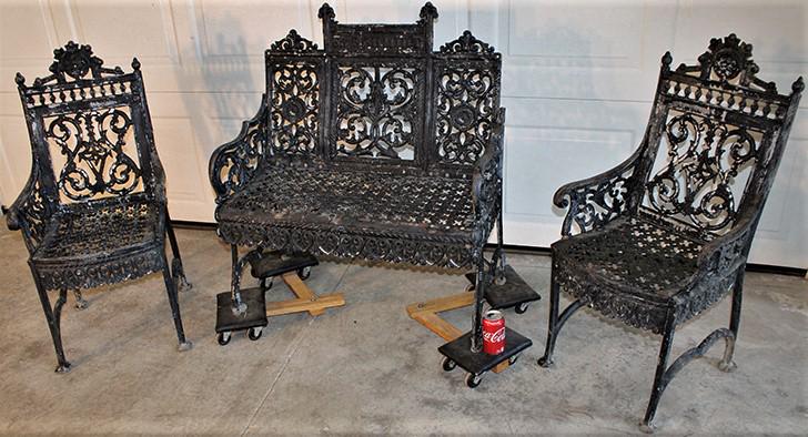 3 Pc Antique Cast Iron Garden Set Signed Peter Timmes (1 of 7)