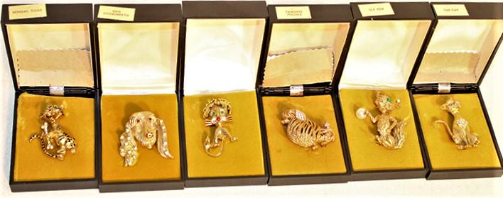 Group Of 6 Fancy Custom Brooches: Group of 6 fancy custom brooches in shapes of animals in original boxes. Appr. 2" long.