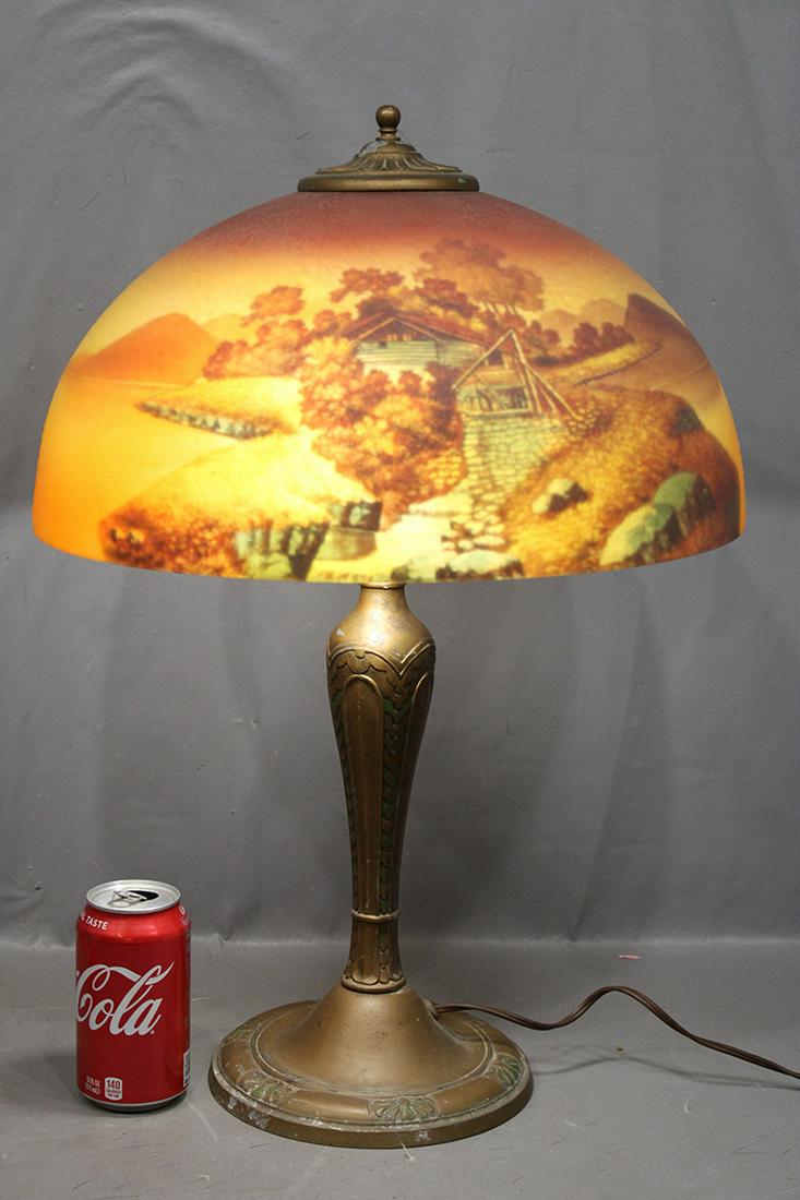 All Original Reversed Painted Lamp With Mountain Log Cabin Scene (1 of 4)